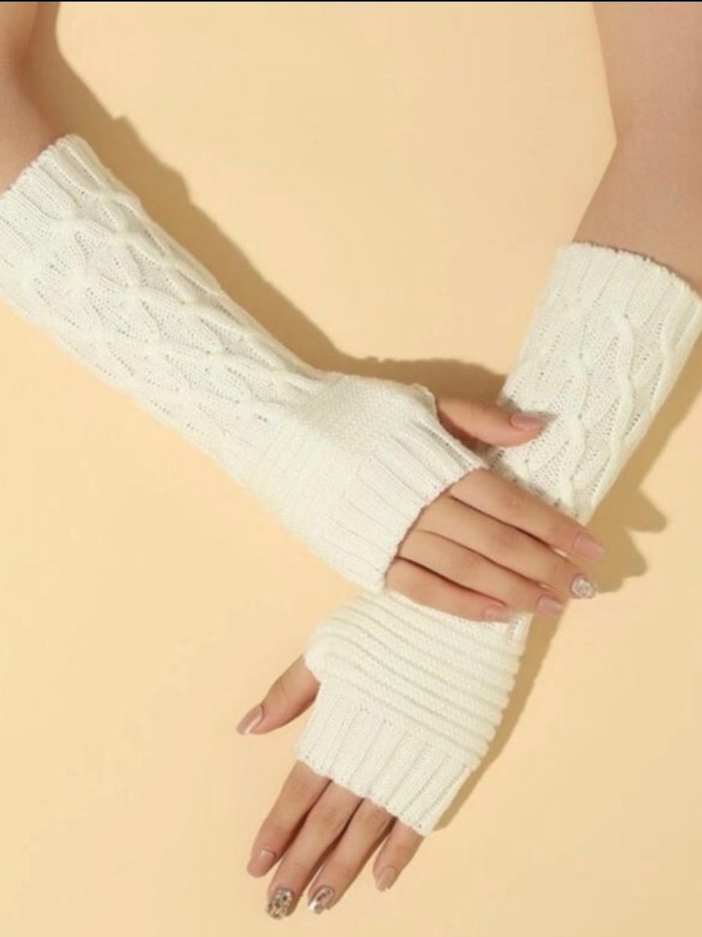 Knit Fingerless Arm Warmers - Cream